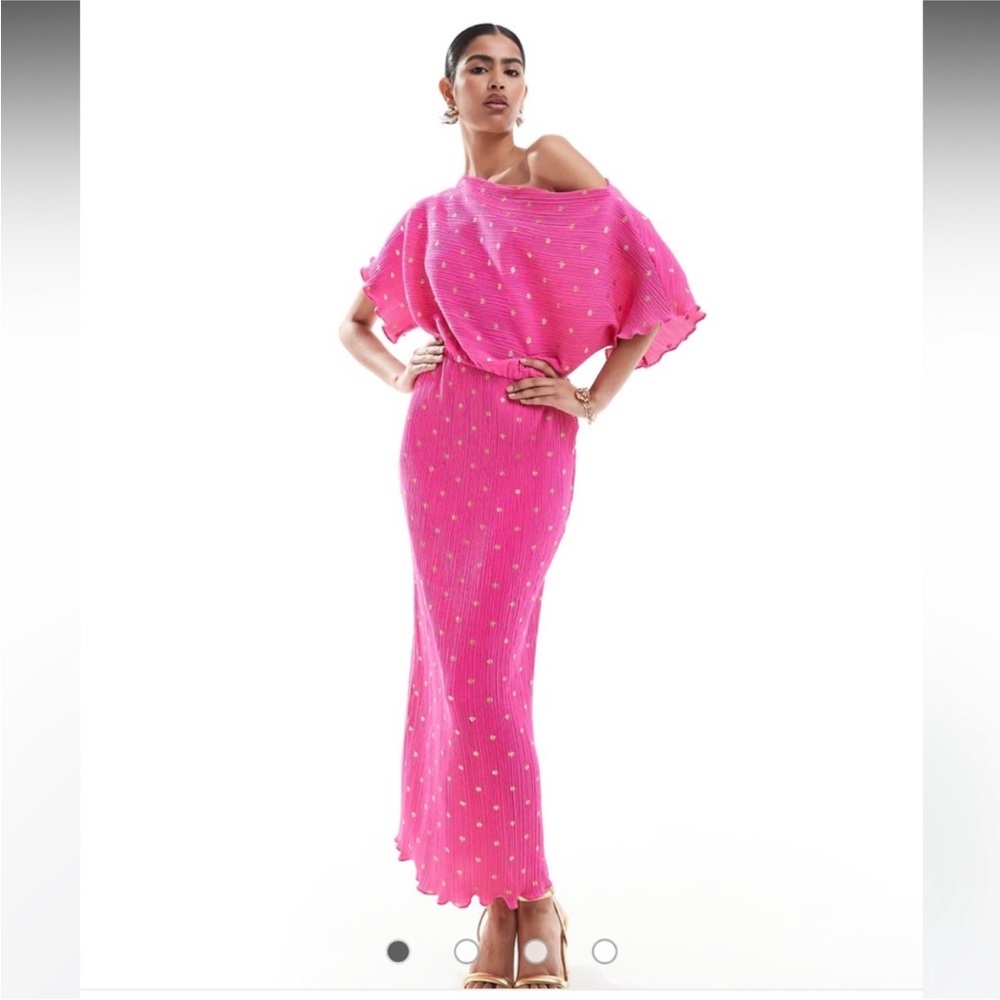 Never Fully Dressed Hot Pink Midi Dress with Gold Dots